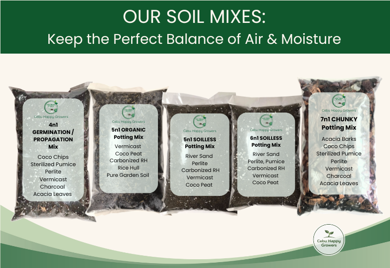 Cebu Happy Growers soil product lineup including 4-in-1 Germination Mix, 5-in-1 Potting Mixes, 6-in-1 Soilless, 7-in-1 Chunky Mix, and Vermicast