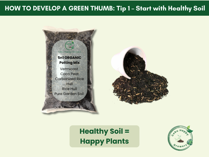 Green thumb beginner gardening tip – start with healthy soil using Cebu Happy Growers 5-in-1 Organic Potting Mix.