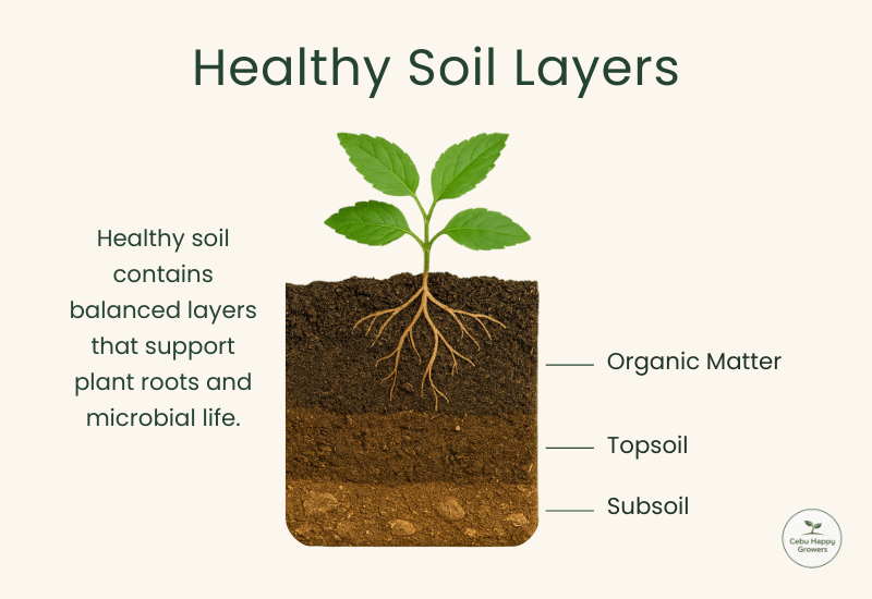 Illustration showing soil layers labeled as organic matter, topsoil, and subsoil with plant roots – Cebu Happy Growers