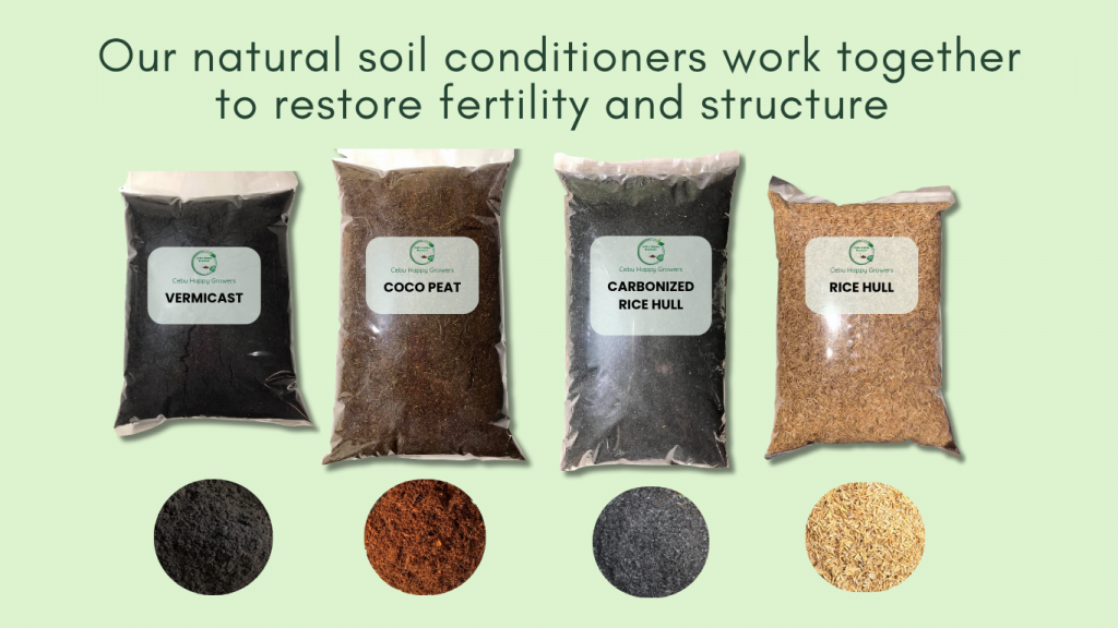 Flat lay showing vermicast, coco peat, rice hull, and carbonized rice hull – Cebu Happy Growers soil conditioners