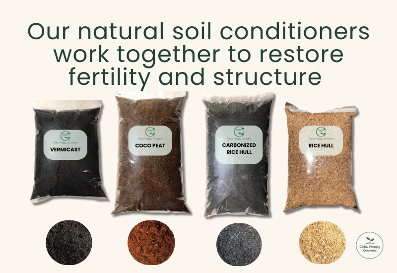 Flat lay showing vermicast, coco peat, rice hull, and carbonized rice hull – Cebu Happy Growers soil conditioners