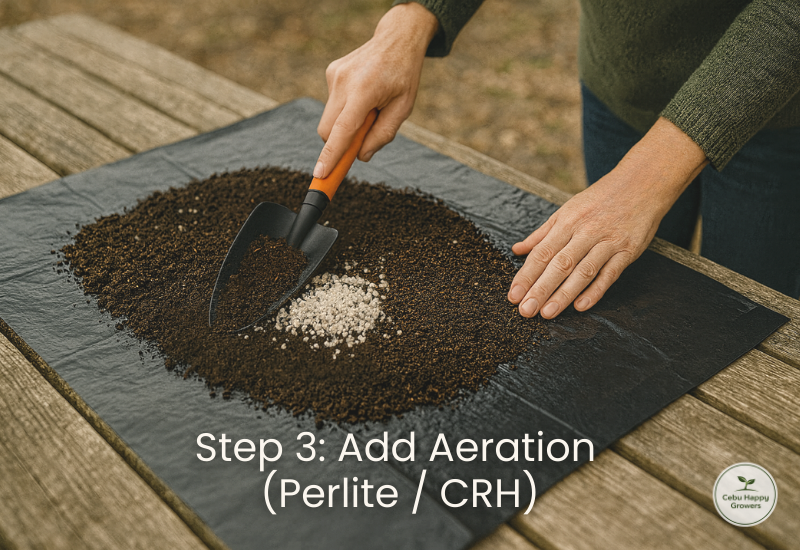 Perlite and carbonized rice hull added to old soil to improve aeration.