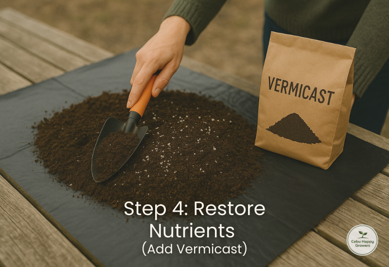 Adding vermicast to revive nutrients and microbial life in old potting soil.