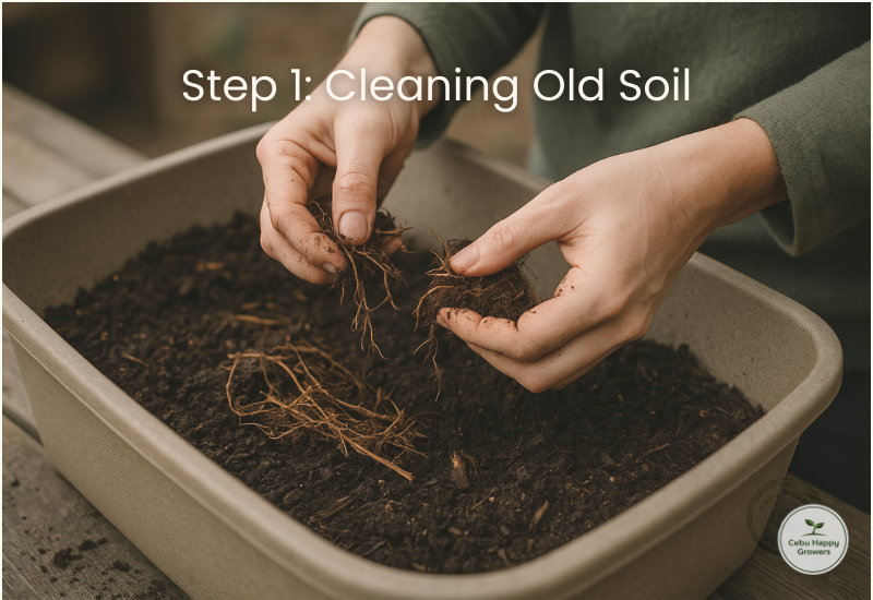 Removing roots and debris from old potting soil before revitalizing.