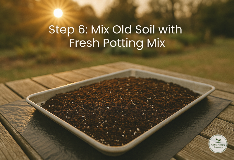 Combining old soil with fresh potting mix to enhance texture and nutrients.