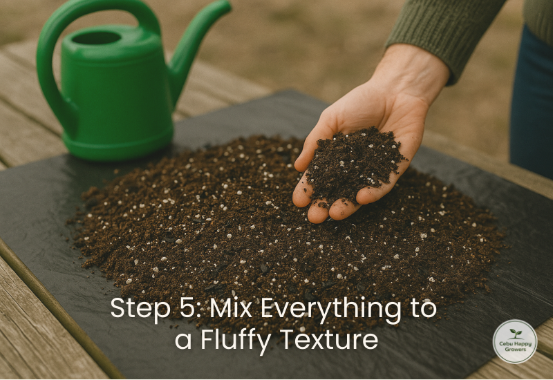 Mixing revitalized soil until it becomes light, fluffy, and ready for planting.