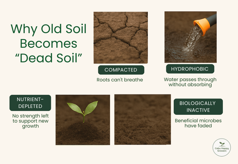 Visual example of compacted and nutrient-depleted soil to explain deterioration.