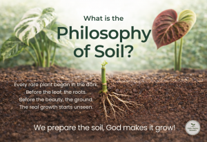 Philosophy of soil with a single plant stem and visible roots, symbolizing unseen growth for rare plant collectors