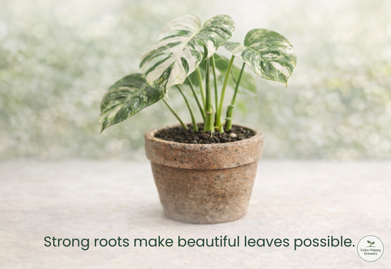 Variegated Monstera in a pot with soft light, symbolizing that strong roots create beautiful leaves