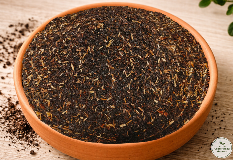 Close-up texture of Cebu Happy Growers 5n1 organic potting mix showing natural soil structure