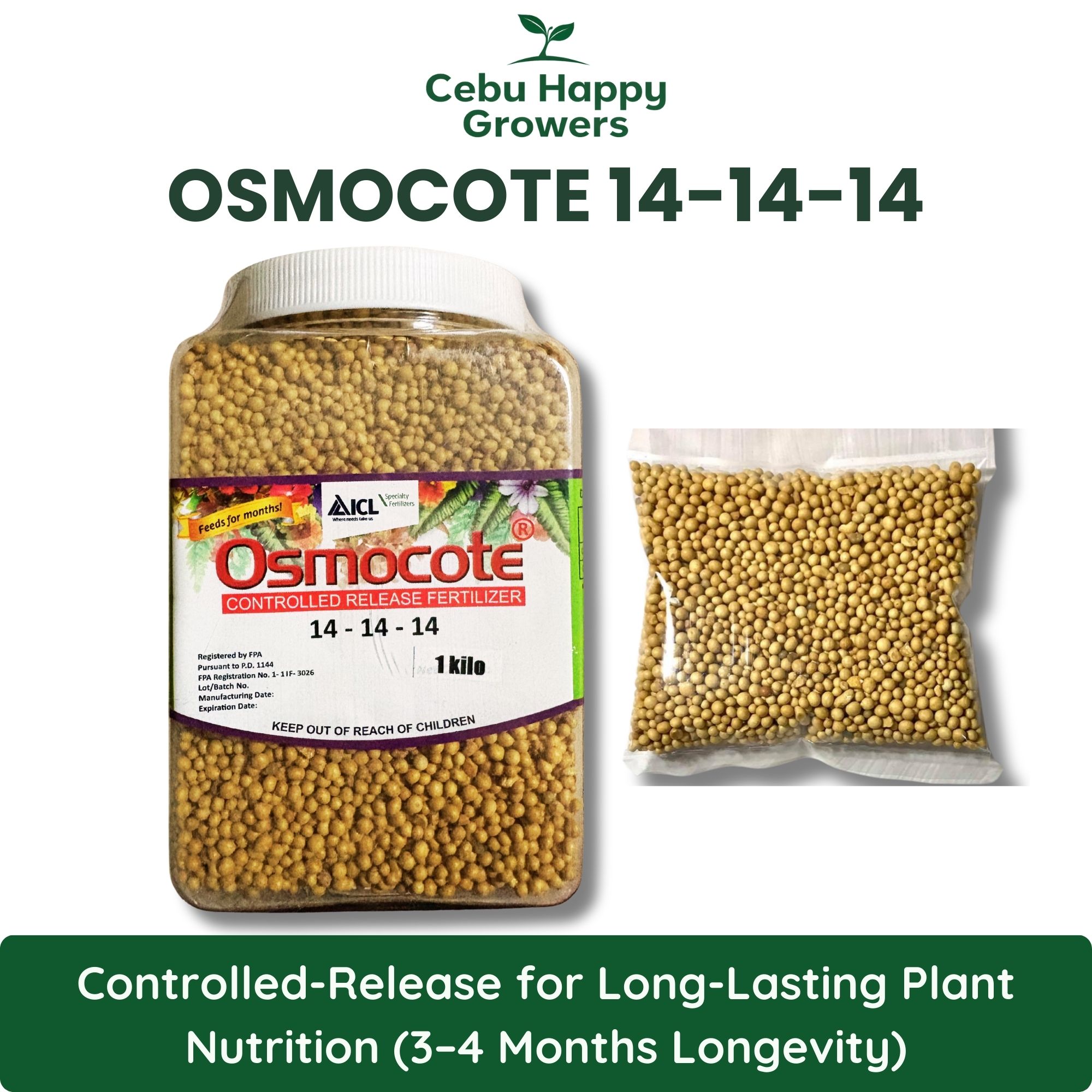 Osmocote 14-14-14 controlled-release fertilizer with balanced NPK for steady plant growth.