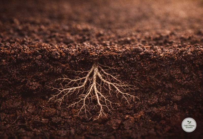 A seed underground beginning to form roots in moist soil before sprouting.