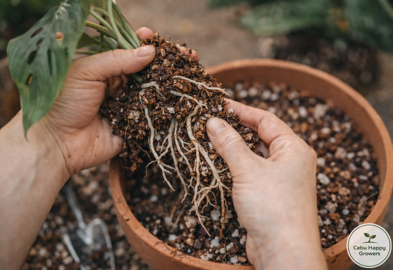 Repotting indoor plant using chunky soil mix to improve root health and drainage