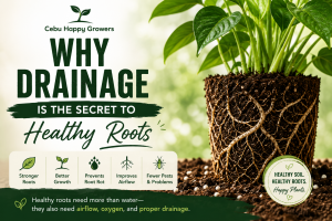 Featured blog image for Cebu Happy Growers showing a healthy plant with visible roots and the title ‘Why Drainage Is the Secret to Healthy Roots,’ highlighting the importance of airflow, oxygen, and proper soil drainage for healthier plant growth.
