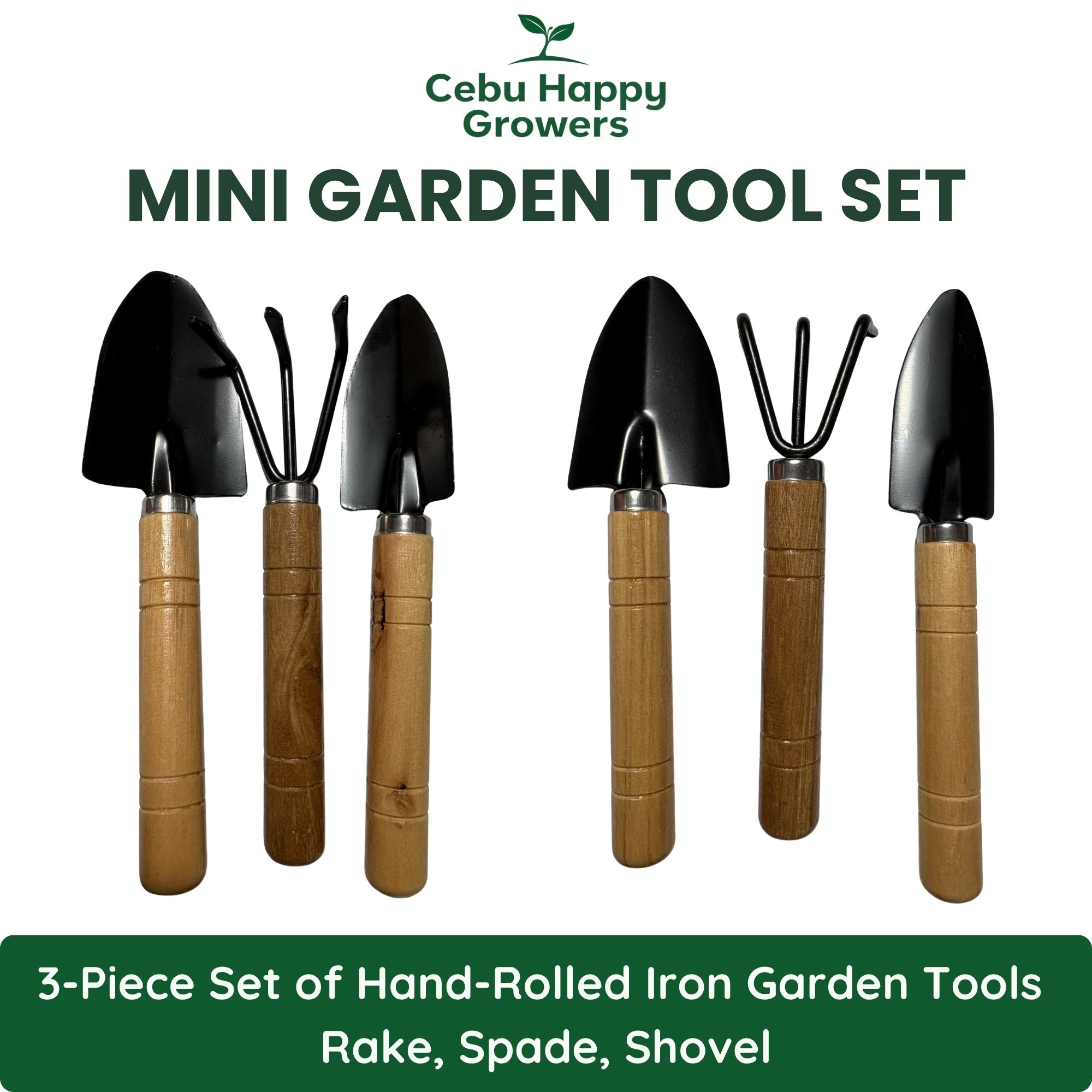 3-piece mini garden tool set with wooden handles for repotting and indoor plant care.