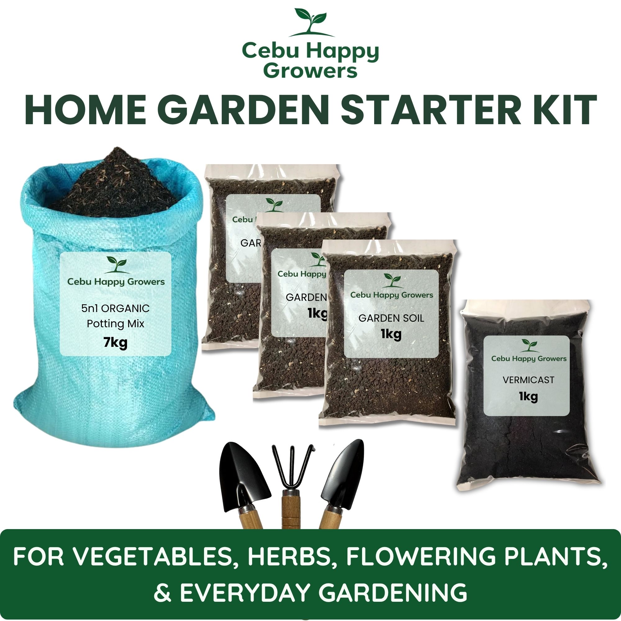 CHG Home Garden Starter Kit with 5n1 Organic Mix, Garden Soil, and Vermicast for vegetables, herbs, and flowering plants.
